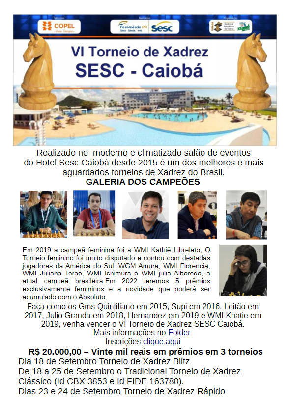 Inscrições abertas para VI Torneio de Xadrez Sesc Caiobá, que vai